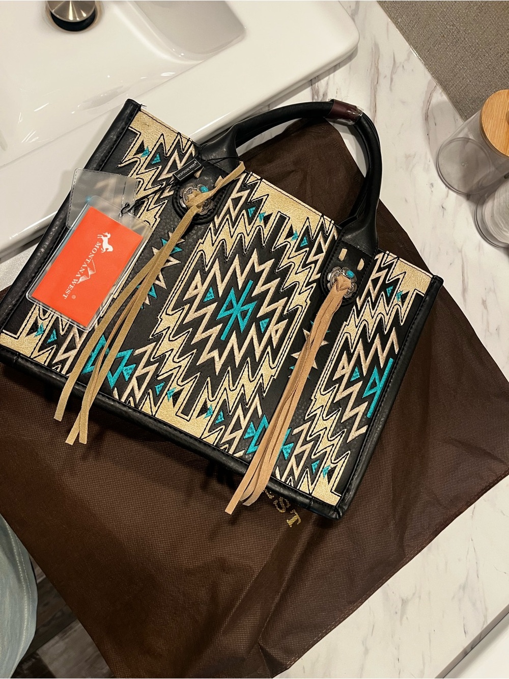 Montana West Black & Teal Geometric Embroidered Tote with Tan Tassels